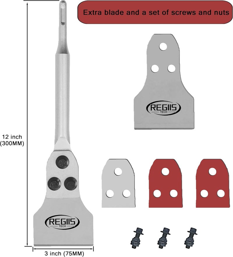 Regiis Tech SDS Plus Floor Scraper 3 in. x 12 in. Wide Tile Flooring Adhesives Remover, Thinset Removal Tool Chisel Bit with Spare Blades for Rotary Hammer Drill - Image 2